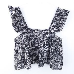 New Olivaceous Crop Top Tank Small Floral Black White, Ruffle Trim Boho Festival